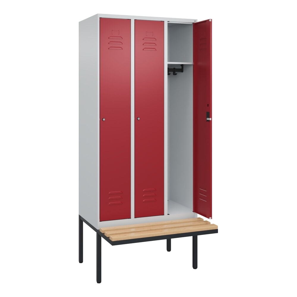 C+P Spind Classic PLUS, 3 Abteile, HxBxT 2.120 x 900 x 815 mm, Zylinderschloss, auskragende Bank aus Buche, lichtgrau, rubinrot Produktabbildung Nr. 1: C+P Spind Classic PLUS, 3 Abteile, HxBxT 2.120 x 900 x 815 mm, Zylinderschloss, auskragende Bank aus Buche, lichtgrau, rubinrot