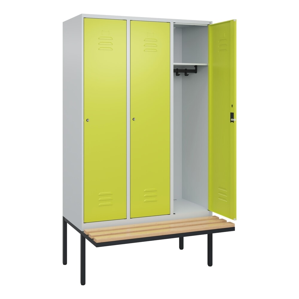 Produktabbildung Nr. 1: C+P Spind Classic PLUS, 3 Abteile, HxBxT 2.120 x 1.200 x 815 mm, Zylinderschloss, auskragende Bank aus Buche, lichtgrau, clowngrün