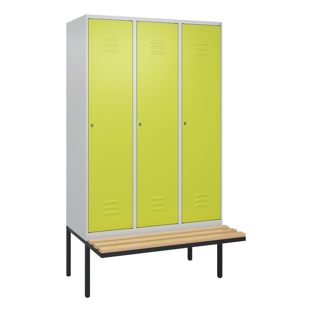 Produktabbildung Nr. 9: C+P Spind Classic PLUS, 3 Abteile, HxBxT 2.120 x 1.200 x 815 mm, Zylinderschloss, auskragende Bank aus Buche, lichtgrau, clowngrün