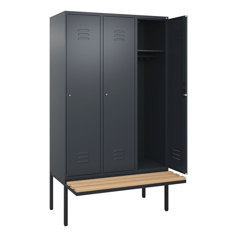 Produktabbildung: C+P Spind Classic PLUS, 3 Abteile, HxBxT 2.120 x 1.200 x 815 mm, Zylinderschloss, auskragende Bank aus Buche, anthrazitgrau, anthrazitgrau