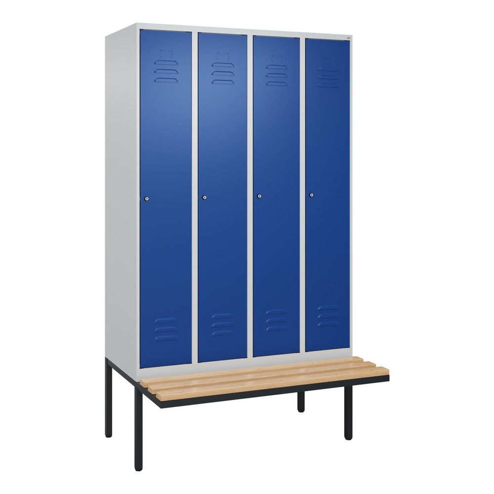 Produktabbildung: C+P Spind Classic PLUS, 4 Abteile, Trennwand, HxBxT 2.120 x 1.200 x 815 mm, Zylinderschloss, auskragende Bank aus Buche, lichtgrau, enzianblau