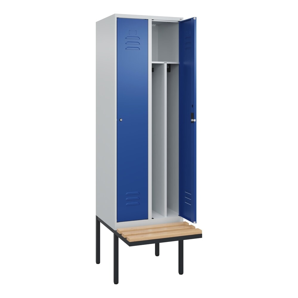 Produktabbildung: C+P Spind Classic PLUS, 2 Abteile, Trennwand, HxBxT 2.120 x 600 x 815 mm, Zylinderschloss, auskragende Bank aus Buche, lichtgrau, enzianblau