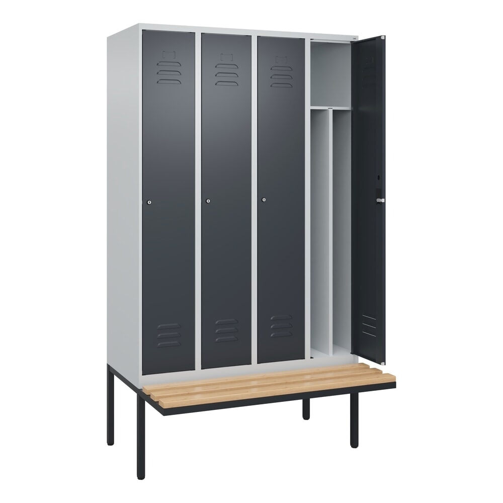 Produktabbildung: C+P Spind Classic PLUS, 4 Abteile, Trennwand, HxBxT 2.120 x 1.200 x 815 mm, Zylinderschloss, auskragende Bank aus Buche, lichtgrau, anthrazitgrau