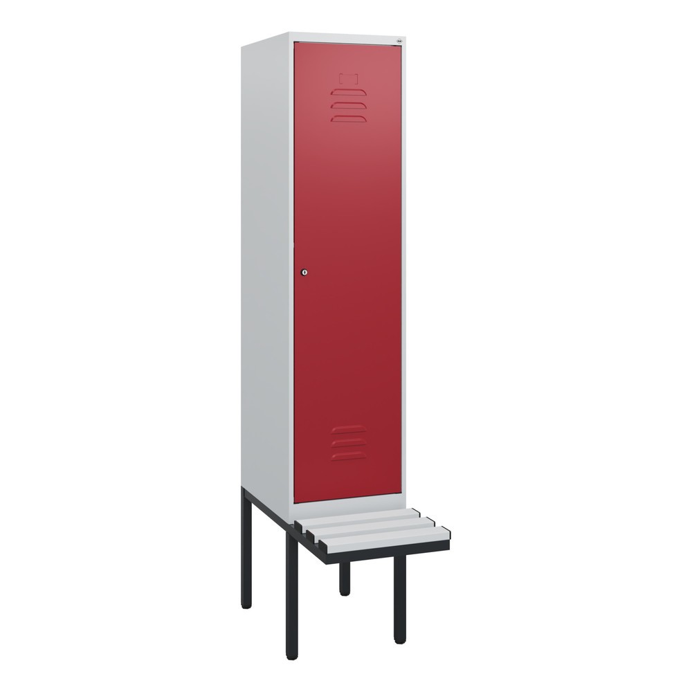 Produktabbildung: C+P Spind Classic PLUS, 1 Abteil, HxBxT 1.950 x 400 x 815 mm, Zylinderschloss, auskragende Bank aus Kunststoff, lichtgrau, rubinrot