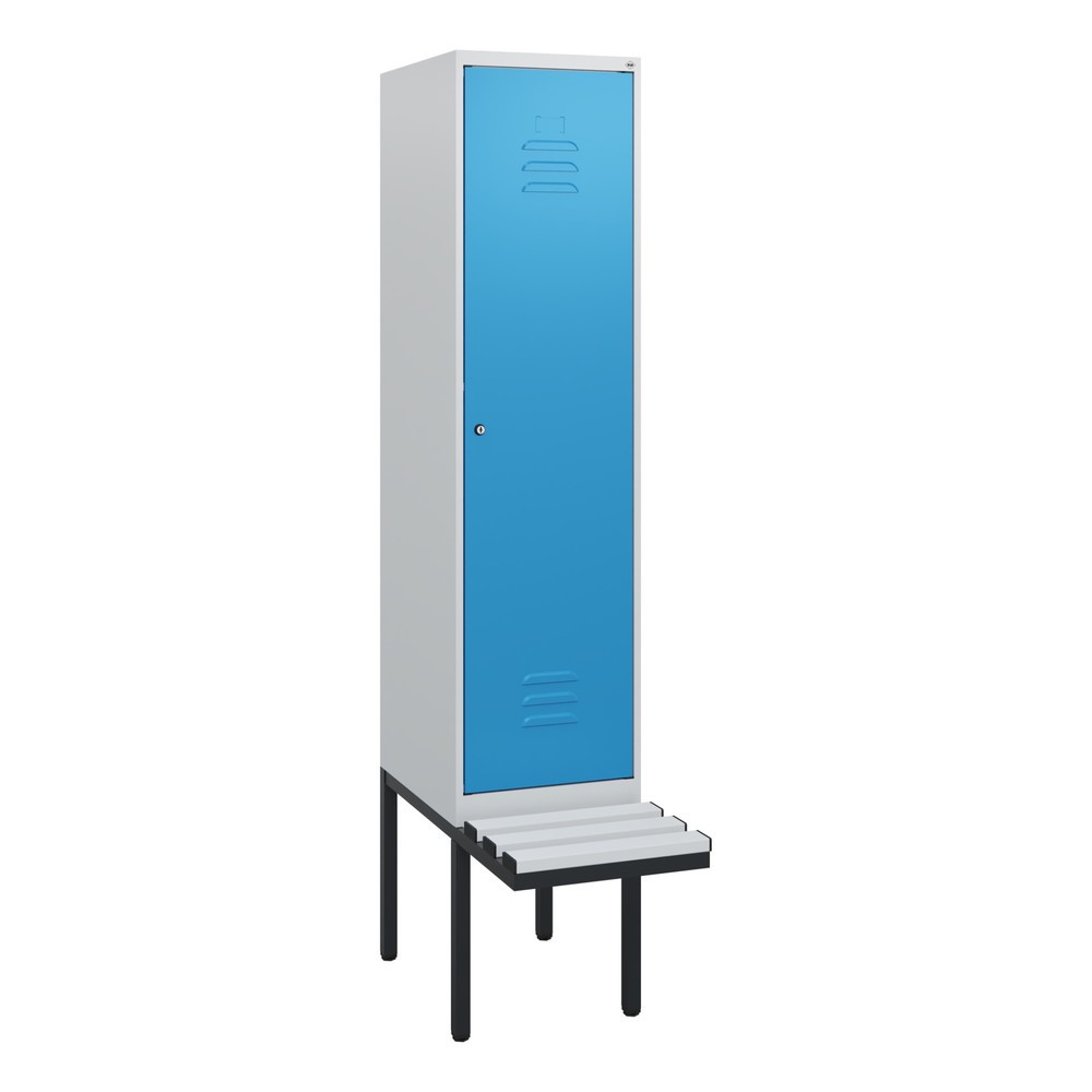 Produktabbildung: C+P Spind Classic PLUS, 1 Abteil, HxBxT 1.950 x 400 x 815 mm, Zylinderschloss, auskragende Bank aus Kunststoff, lichtgrau, lichtblau