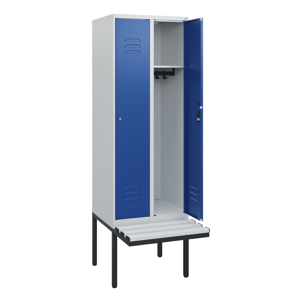 Produktabbildung: C+P Spind Classic PLUS, 2 Abteile, HxBxT 1.950 x 600 x 815 mm, Zylinderschloss, auskragende Bank aus Kunststoff, lichtgrau, enzianblau