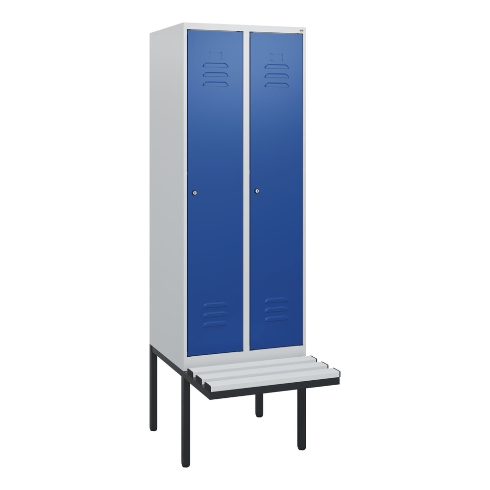 Produktabbildung Nr. 9: C+P Spind Classic PLUS, 2 Abteile, HxBxT 1.950 x 600 x 815 mm, Zylinderschloss, auskragende Bank aus Kunststoff, lichtgrau, enzianblau