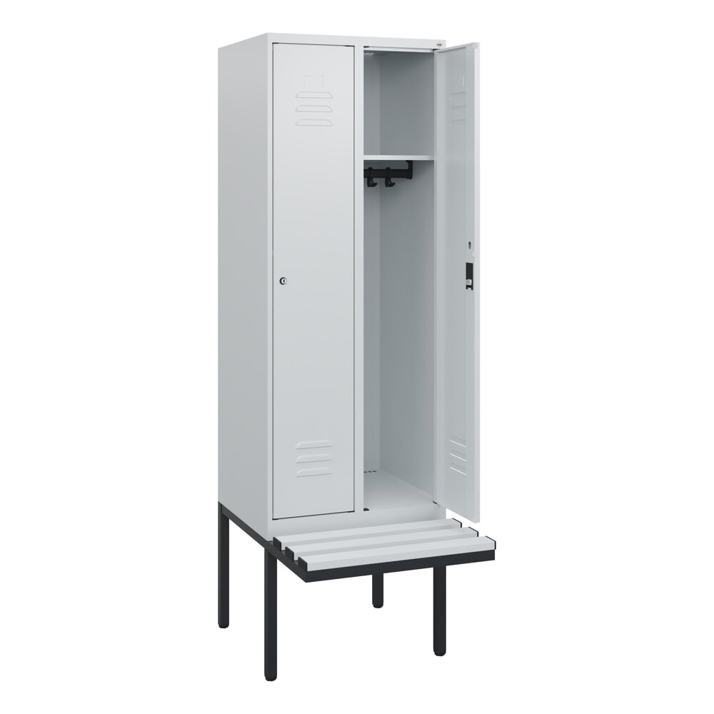 Produktabbildung: C+P Spind Classic PLUS, 2 Abteile, HxBxT 1.950 x 600 x 815 mm, Zylinderschloss, auskragende Bank aus Kunststoff, lichtgrau, lichtgrau