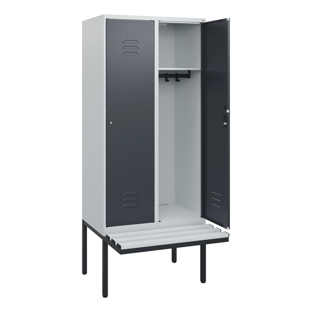Produktabbildung: C+P Spind Classic PLUS, 2 Abteile, HxBxT 1.950 x 800 x 815 mm, Zylinderschloss, auskragende Bank aus Kunststoff, lichtgrau, anthrazitgrau