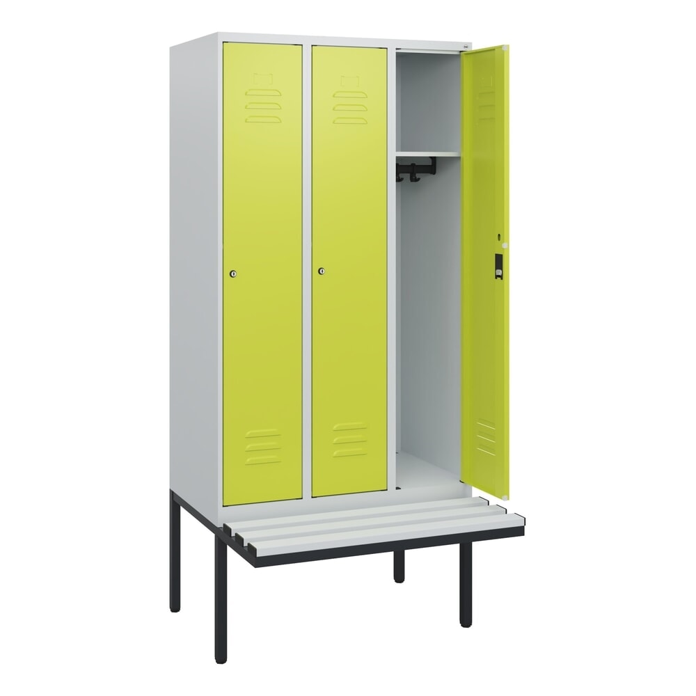Produktabbildung: C+P Spind Classic PLUS, 3 Abteile, HxBxT 1.950 x 900 x 815 mm, Zylinderschloss, auskragende Bank aus Kunststoff, lichtgrau, clowngrün