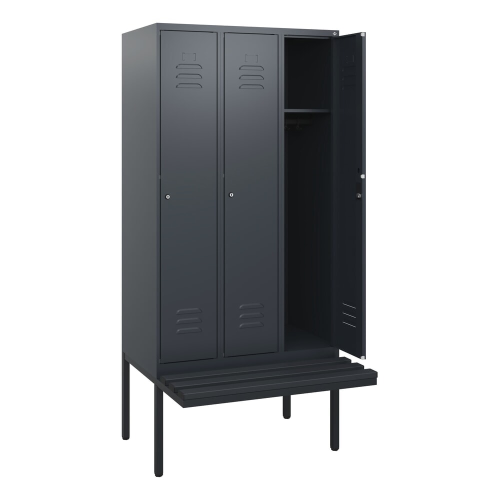 Produktabbildung: C+P Spind Classic PLUS, 3 Abteile, HxBxT 1.950 x 900 x 815 mm, Zylinderschloss, auskragende Bank aus Kunststoff, anthrazitgrau, anthrazitgrau