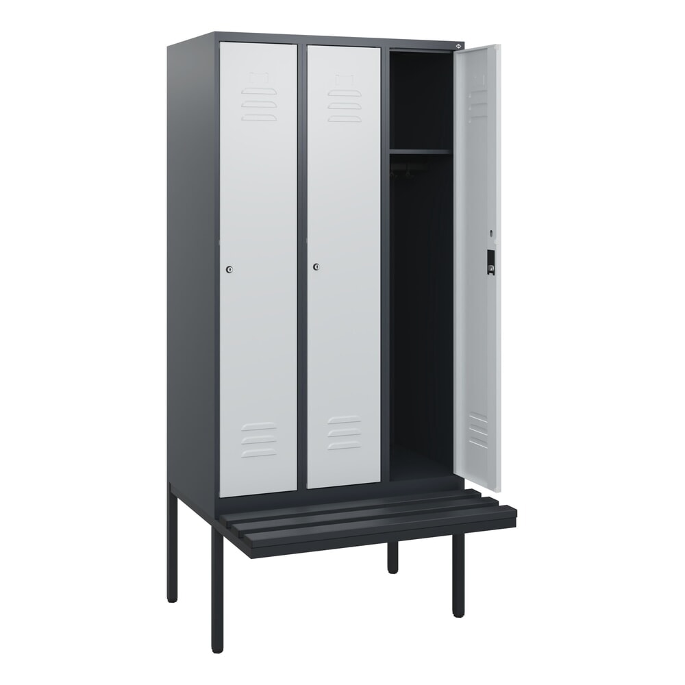 Produktabbildung: C+P Spind Classic PLUS, 3 Abteile, HxBxT 1.950 x 900 x 815 mm, Zylinderschloss, auskragende Bank aus Kunststoff, anthrazitgrau, lichtgrau