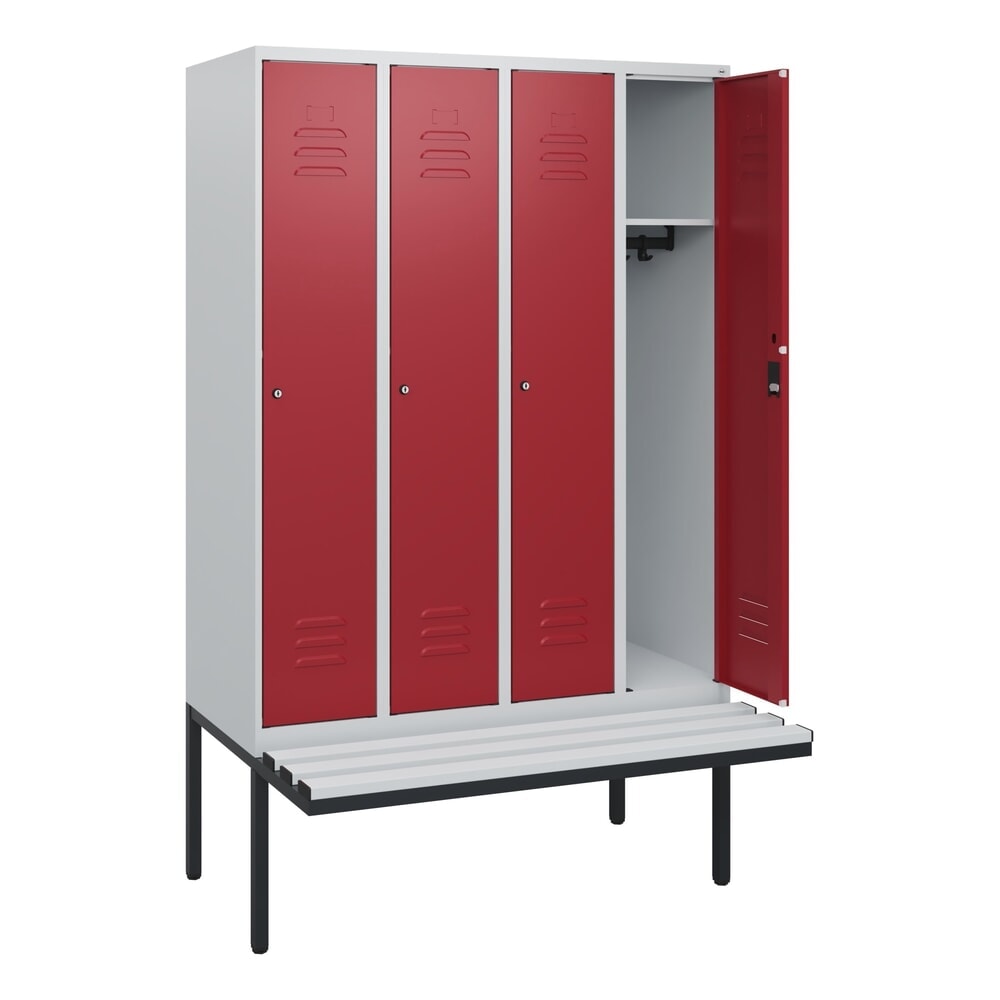 Produktabbildung: C+P Spind Classic PLUS, 4 Abteile, HxBxT 1.950 x 1.200 x 815 mm, Zylinderschloss, auskragende Bank aus Kunststoff, lichtgrau, rubinrot