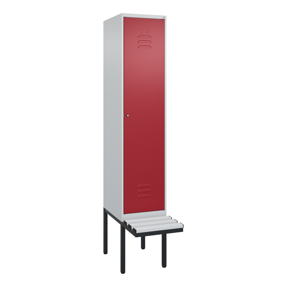 Produktabbildung: C+P Spind Classic PLUS, 1 Abteil, HxBxT 2.120 x 400 x 815 mm, Zylinderschloss, auskragende Bank aus Kunststoff, lichtgrau, rubinrot
