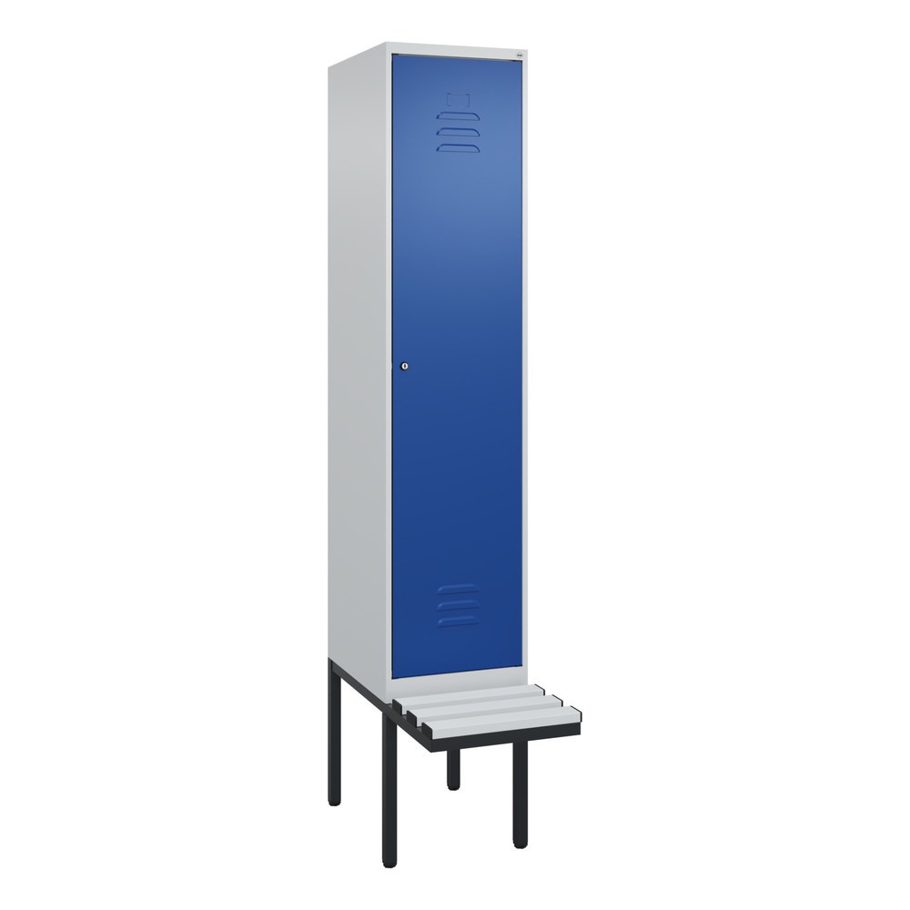 Produktabbildung: C+P Spind Classic PLUS, 1 Abteil, HxBxT 2.120 x 400 x 815 mm, Zylinderschloss, auskragende Bank aus Kunststoff, lichtgrau, enzianblau