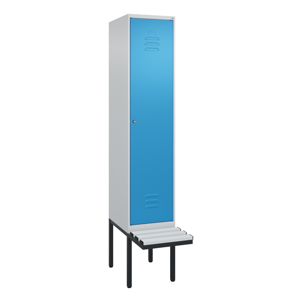 Produktabbildung: C+P Spind Classic PLUS, 1 Abteil, HxBxT 2.120 x 400 x 815 mm, Zylinderschloss, auskragende Bank aus Kunststoff, lichtgrau, lichtblau
