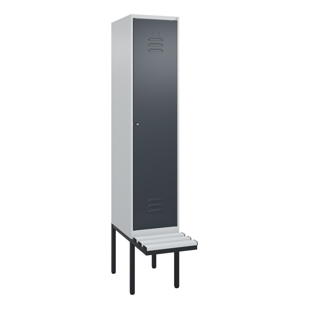 Produktabbildung: C+P Spind Classic PLUS, 1 Abteil, HxBxT 2.120 x 400 x 815 mm, Zylinderschloss, auskragende Bank aus Kunststoff, lichtgrau, anthrazitgrau
