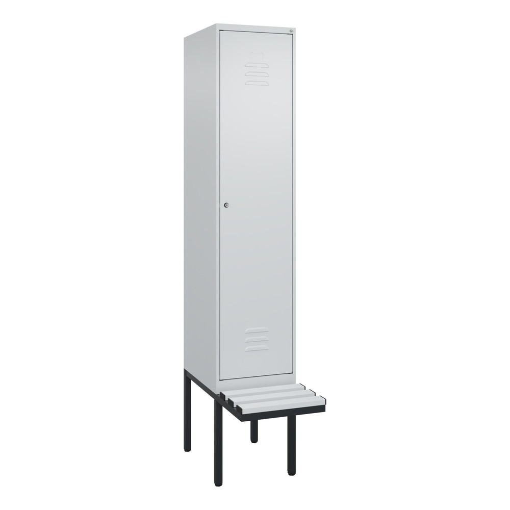 Produktabbildung: C+P Spind Classic PLUS, 1 Abteil, HxBxT 2.120 x 400 x 815 mm, Zylinderschloss, auskragende Bank aus Kunststoff, lichtgrau, lichtgrau