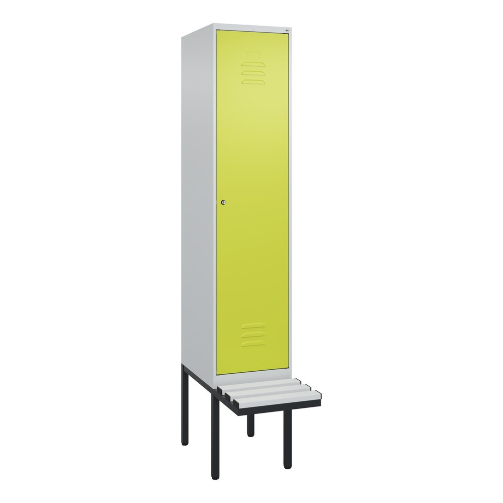 Produktabbildung: C+P Spind Classic PLUS, 1 Abteil, HxBxT 2.120 x 400 x 815 mm, Zylinderschloss, auskragende Bank aus Kunststoff, lichtgrau, clowngrün