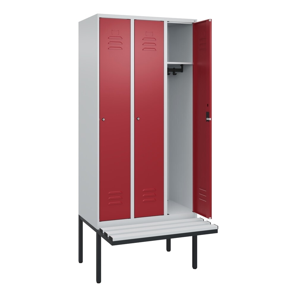 Produktabbildung Nr. 1: C+P Spind Classic PLUS, 3 Abteile, HxBxT 2.120 x 900 x 815 mm, Zylinderschloss, auskragende Bank aus Kunststoff, lichtgrau, rubinrot