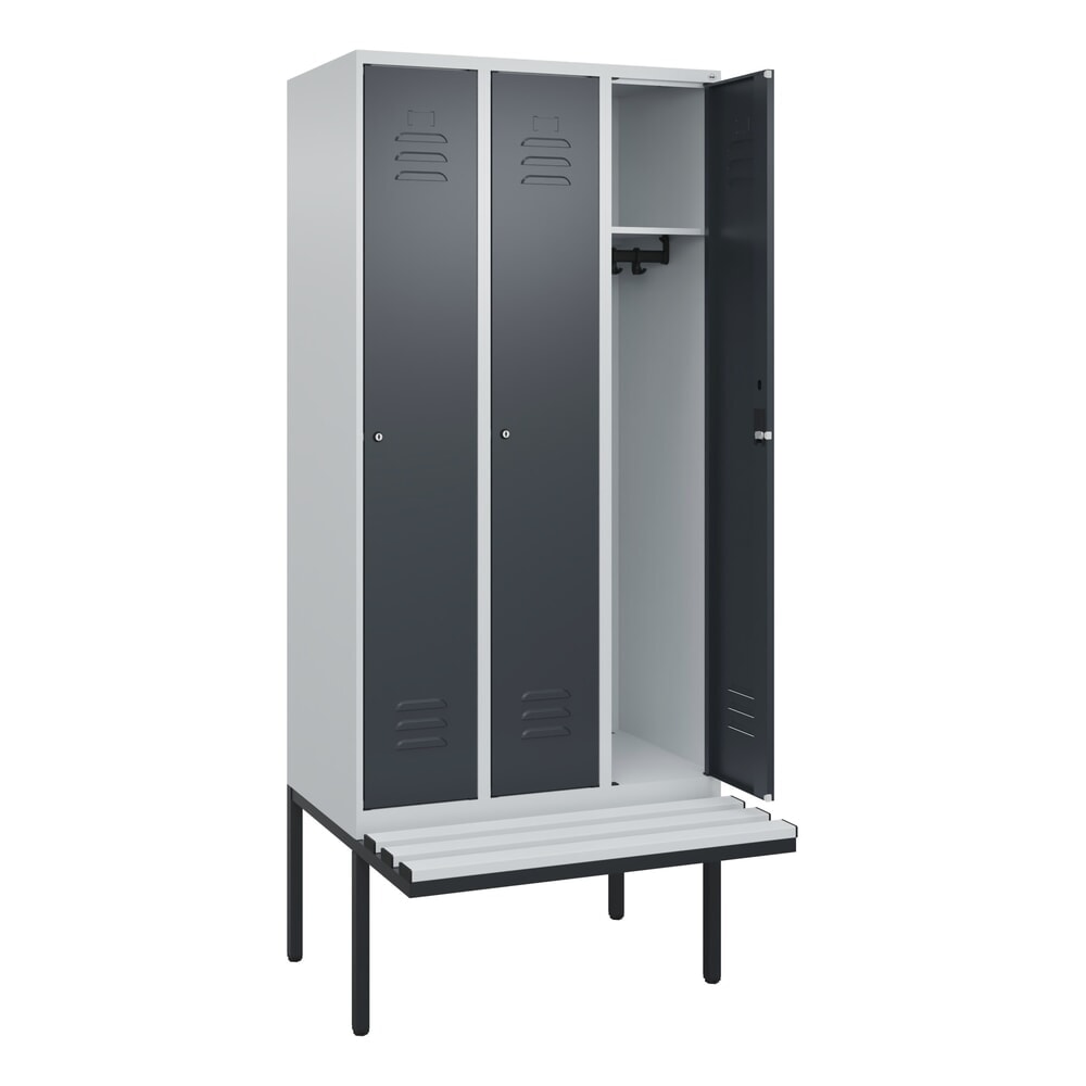 C+P Spind Classic PLUS, 3 Abteile, HxBxT 2.120 x 900 x 815 mm, Zylinderschloss, auskragende Bank aus Kunststoff, lichtgrau, anthrazitgrau Produktabbildung Nr. 1: C+P Spind Classic PLUS, 3 Abteile, HxBxT 2.120 x 900 x 815 mm, Zylinderschloss, auskragende Bank aus Kunststoff, lichtgrau, anthrazitgrau