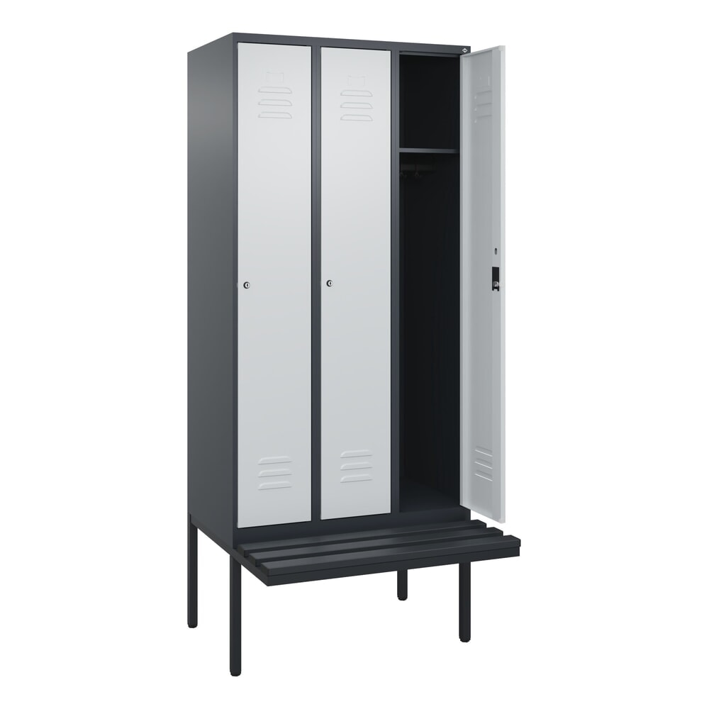 C+P Spind Classic PLUS, 3 Abteile, HxBxT 2.120 x 900 x 815 mm, Zylinderschloss, auskragende Bank aus Kunststoff, anthrazitgrau, lichtgrau Produktabbildung Nr. 1: C+P Spind Classic PLUS, 3 Abteile, HxBxT 2.120 x 900 x 815 mm, Zylinderschloss, auskragende Bank aus Kunststoff, anthrazitgrau, lichtgrau