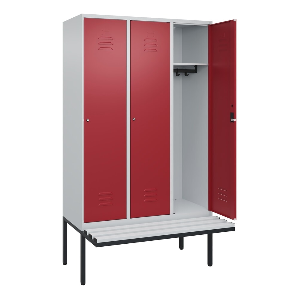 Produktabbildung: C+P Spind Classic PLUS, 3 Abteile, HxBxT 2.120 x 1.200 x 815 mm, Zylinderschloss, auskragende Bank aus Kunststoff, lichtgrau, rubinrot