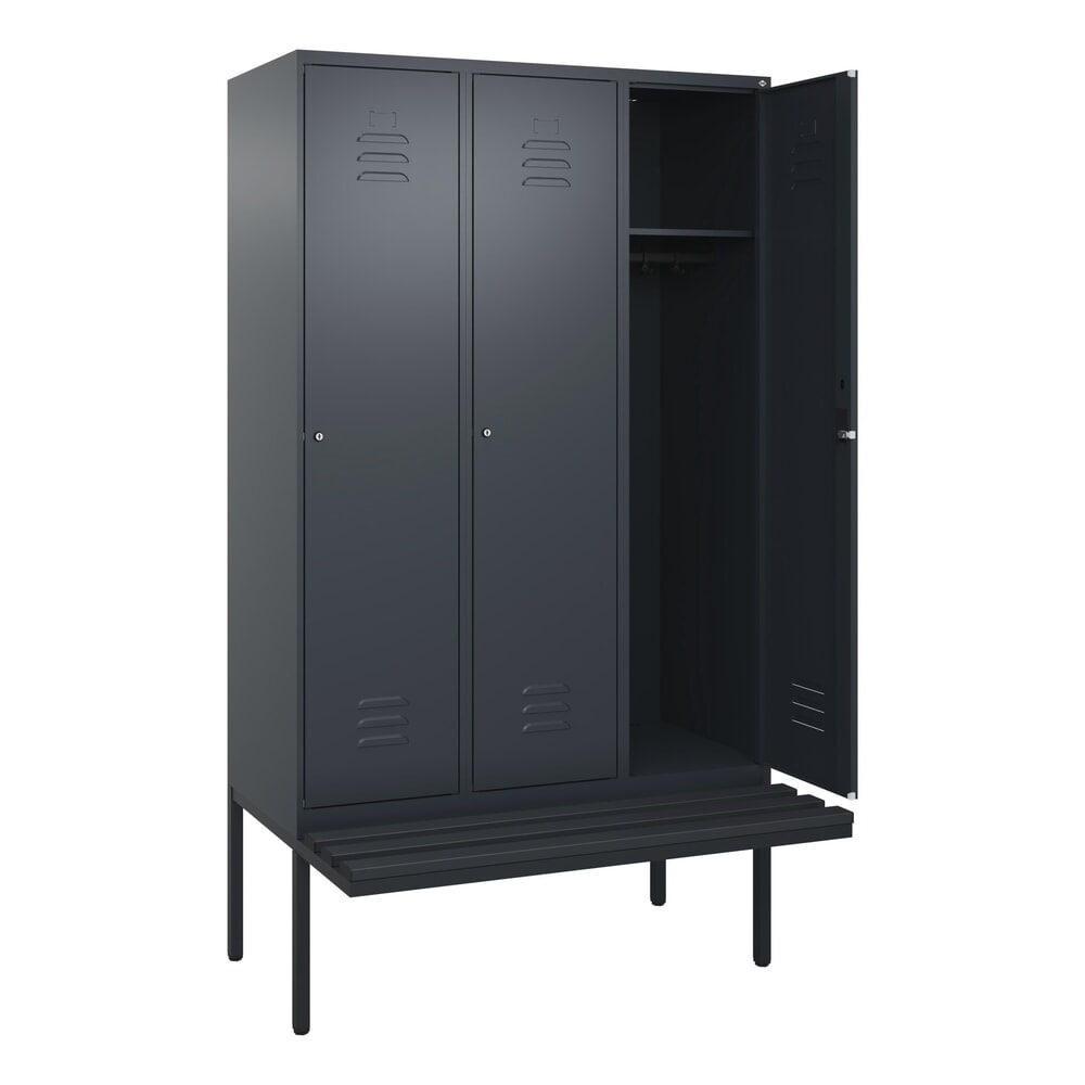 Produktabbildung: C+P Spind Classic PLUS, 3 Abteile, HxBxT 2.120 x 1.200 x 815 mm, Zylinderschloss, auskragende Bank aus Kunststoff, anthrazitgrau, anthrazitgrau