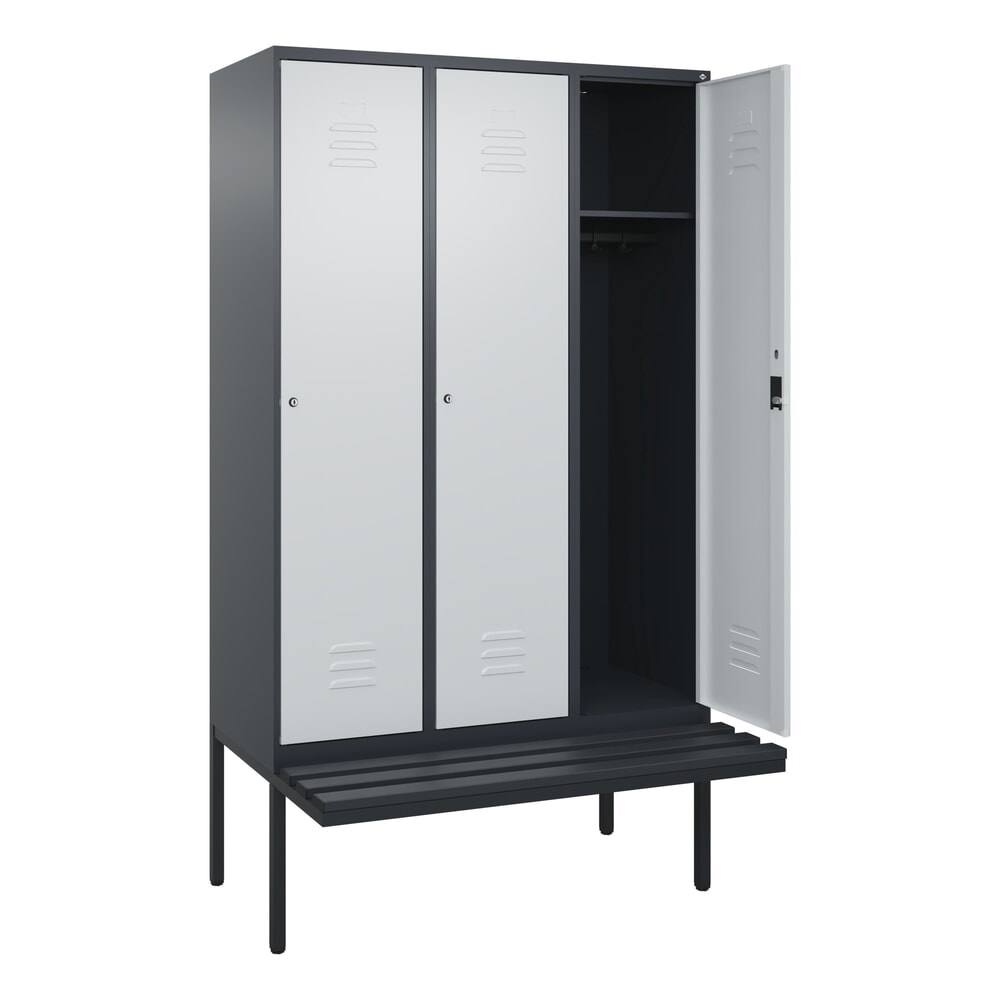 Produktabbildung: C+P Spind Classic PLUS, 3 Abteile, HxBxT 2.120 x 1.200 x 815 mm, Zylinderschloss, auskragende Bank aus Kunststoff, anthrazitgrau, lichtgrau