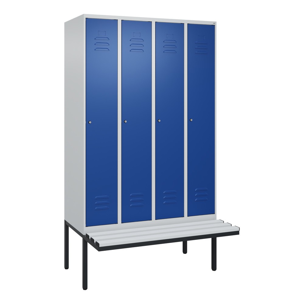 Produktabbildung: C+P Spind Classic PLUS, 4 Abteile, Trennwand, HxBxT 2.120 x 1.200 x 815 mm, Zylinderschloss, auskragende Bank aus Kunststoff, lichtgrau, enzianblau