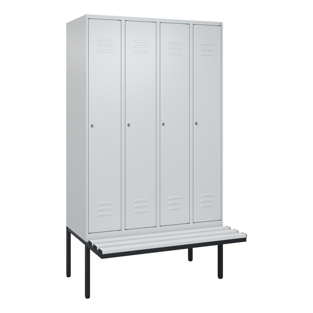 Produktabbildung: C+P Spind Classic PLUS, 4 Abteile, Trennwand, HxBxT 2.120 x 1.200 x 815 mm, Zylinderschloss, auskragende Bank aus Kunststoff, lichtgrau, lichtgrau