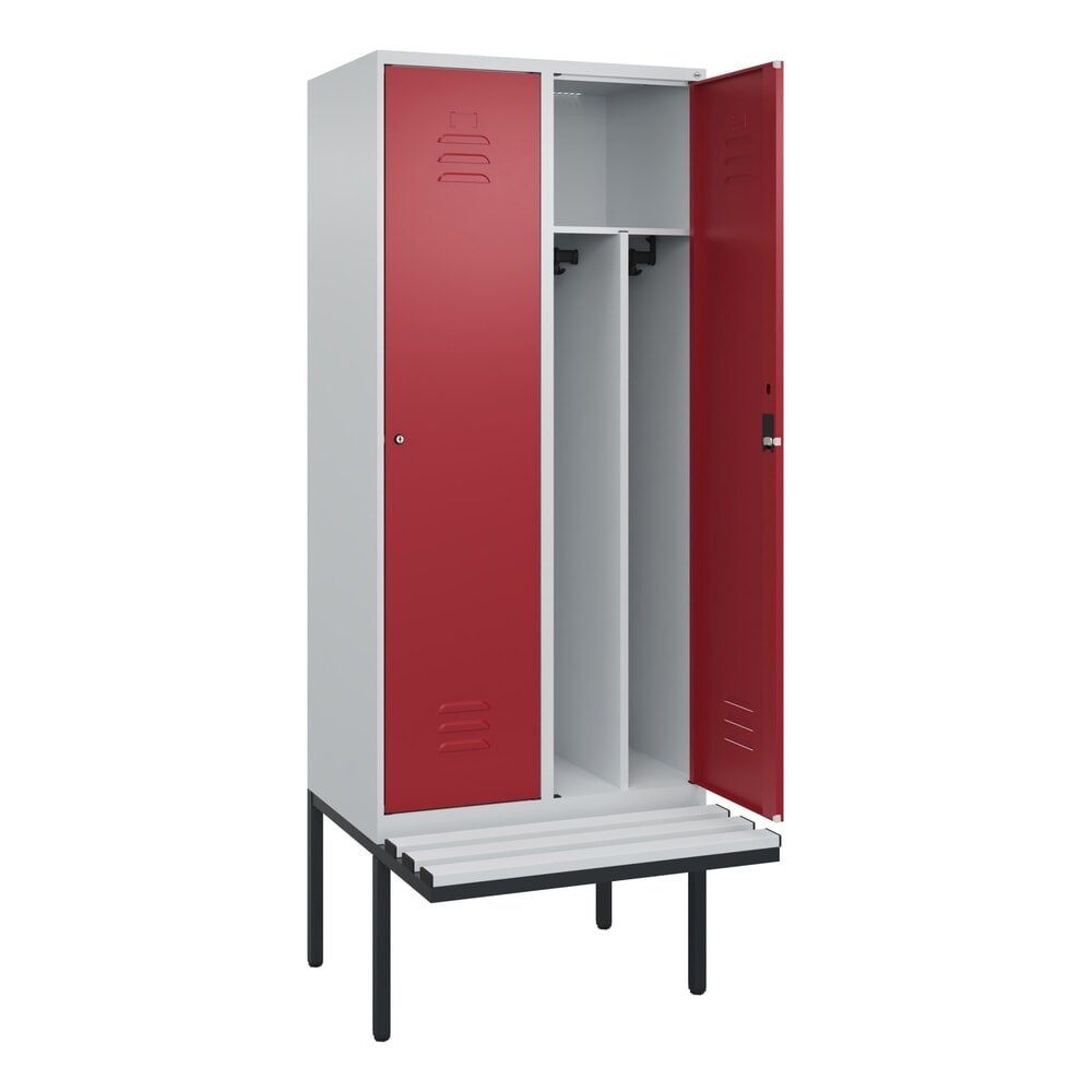 Produktabbildung: C+P Spind Classic PLUS, 2 Abteile, Trennwand, HxBxT 2.120 x 800 x 815 mm, Zylinderschloss, auskragende Bank aus Kunststoff, lichtgrau, rubinrot