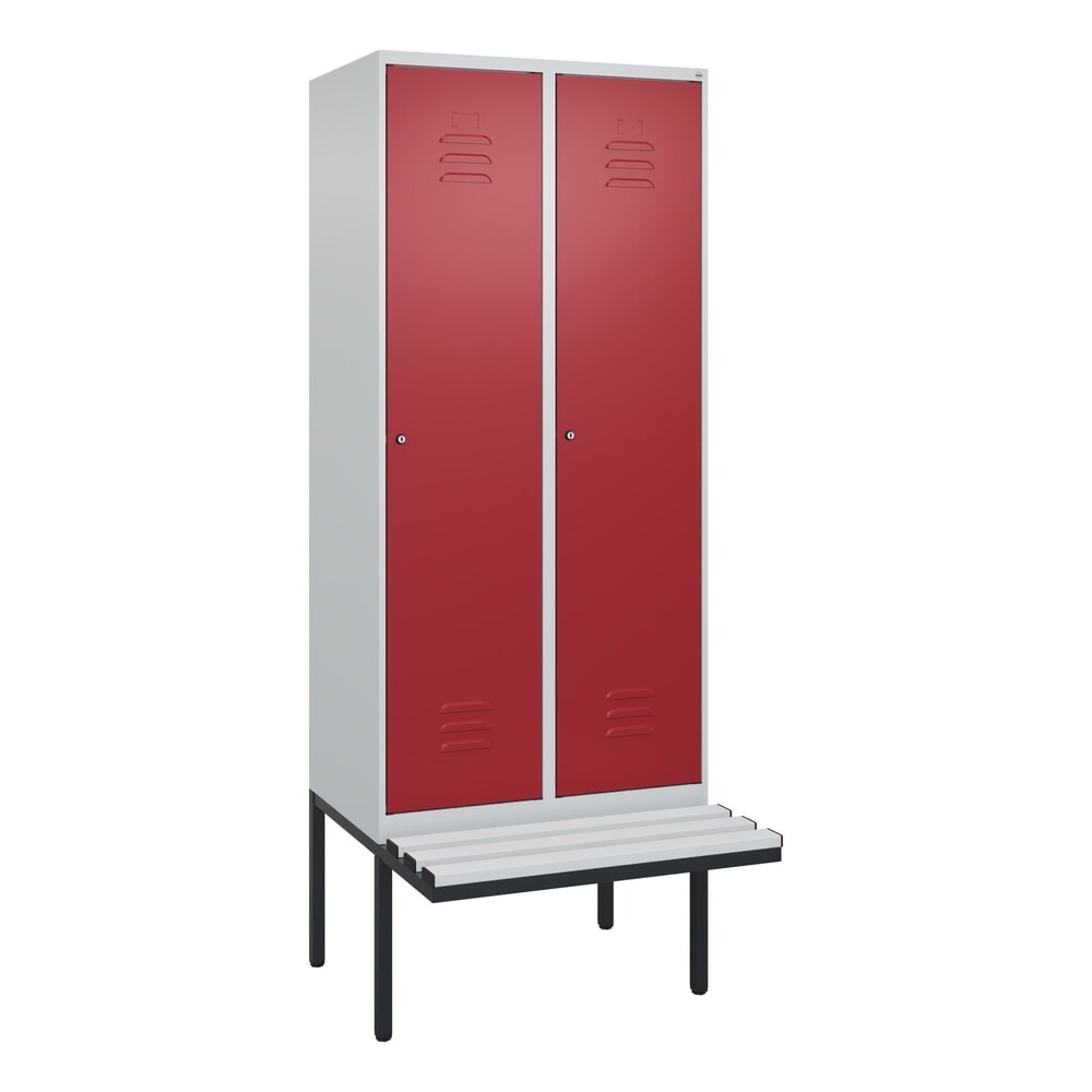 Produktabbildung Nr. 9: C+P Spind Classic PLUS, 2 Abteile, Trennwand, HxBxT 2.120 x 800 x 815 mm, Zylinderschloss, auskragende Bank aus Kunststoff, lichtgrau, rubinrot