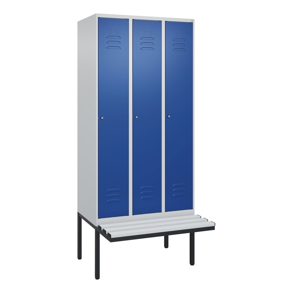 Produktabbildung Nr. 9: C+P Spind Classic PLUS, 3 Abteile, Trennwand, HxBxT 2.120 x 900 x 815 mm, Zylinderschloss, auskragende Bank aus Kunststoff, lichtgrau, enzianblau
