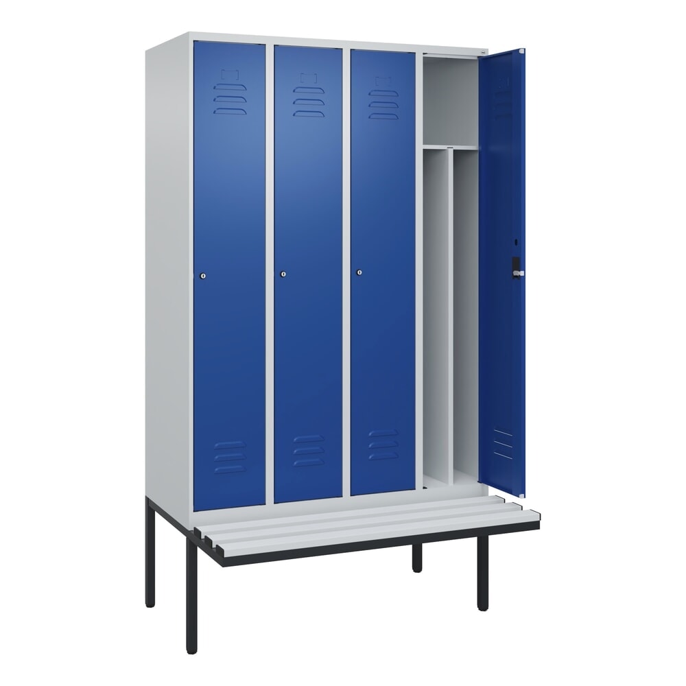 C+P Spind Classic PLUS, 4 Abteile, Trennwand, HxBxT 2.120 x 1.200 x 815 mm, Zylinderschloss, auskragende Bank aus Kunststoff, lichtgrau, enzianblau Produktabbildung: C+P Spind Classic PLUS, 4 Abteile, Trennwand, HxBxT 2.120 x 1.200 x 815 mm, Zylinderschloss, auskragende Bank aus Kunststoff, lichtgrau, enzianblau
