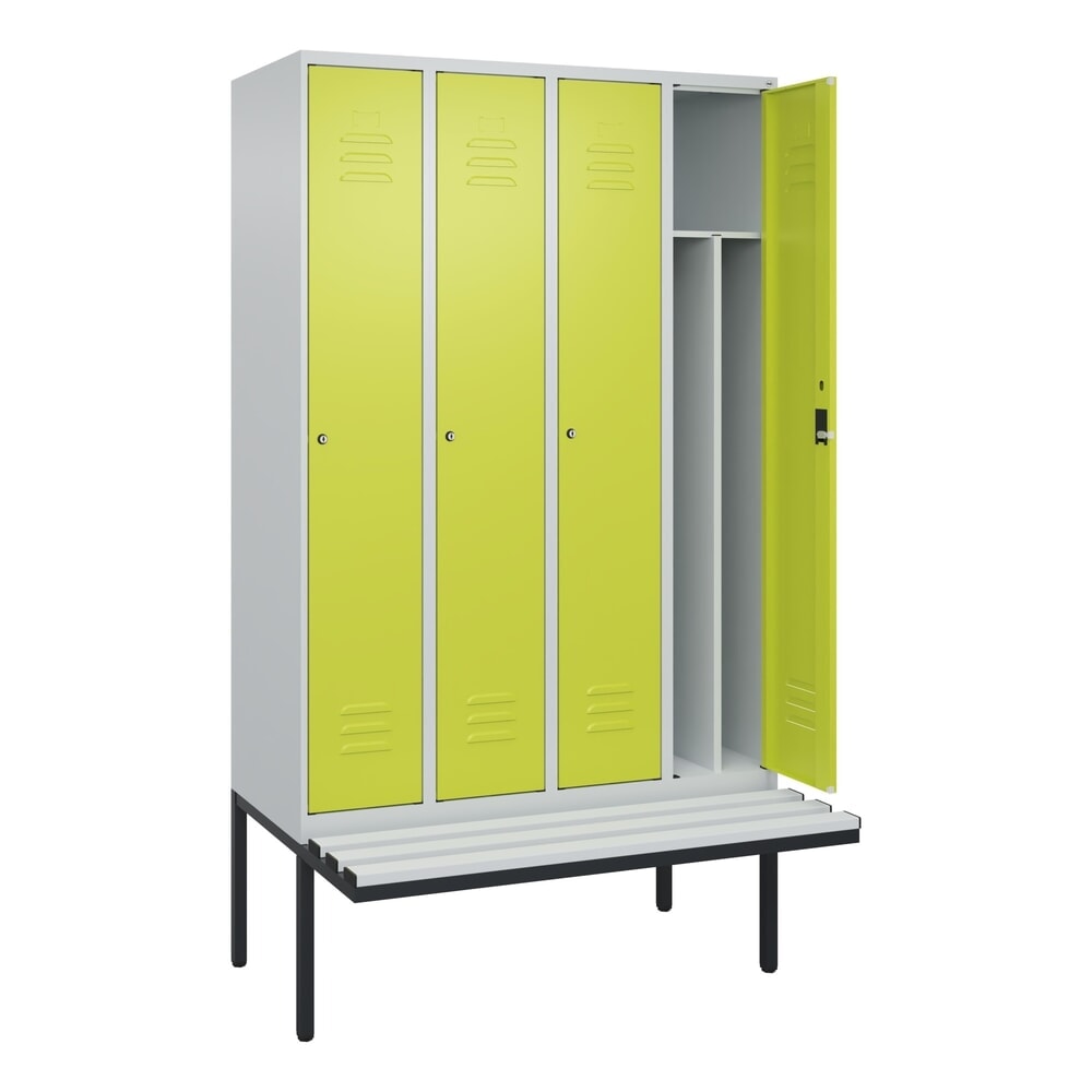 Produktabbildung: C+P Spind Classic PLUS, 4 Abteile, Trennwand, HxBxT 2.120 x 1.200 x 815 mm, Zylinderschloss, auskragende Bank aus Kunststoff, lichtgrau, clowngrün