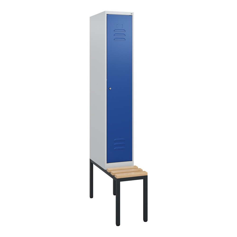 Produktabbildung: C+P Spind Classic PLUS, 1 Abteil, HxBxT 1.950 x 300 x 815 mm, Zylinderschloss, untergebaute Bank aus Buche, lichtgrau, enzianblau