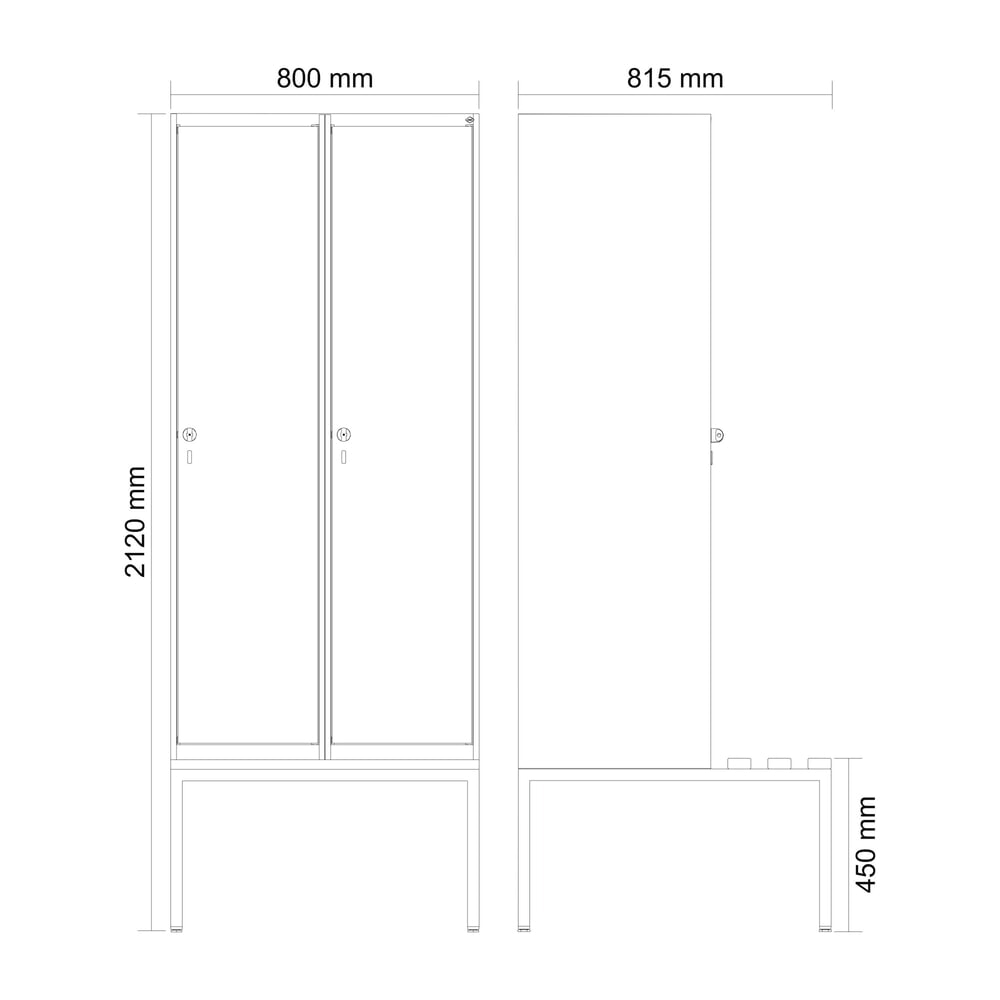 Produktabbildung Nr. 8: C+P Spind Classic PLUS, 2 Abteile, HxBxT 2.120 x 800 x 815 mm, für Vorhängeschloss, untergebaute Bank aus Kunststoff, lichtgrau, enzianblau
