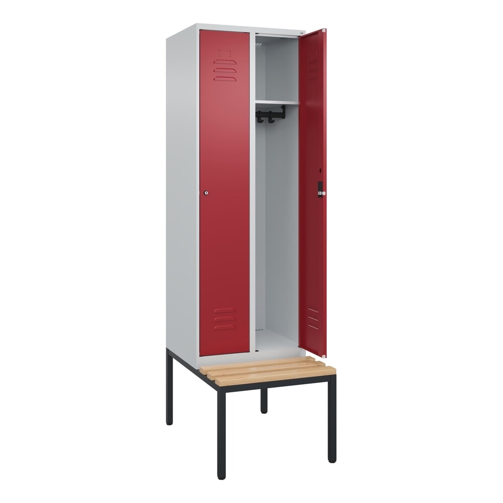 Produktabbildung Nr. 1: C+P Spind Classic PLUS, 2 Abteile, HxBxT 2.120 x 600 x 815 mm, Zylinderschloss, untergebaute Bank aus Buche, lichtgrau, rubinrot