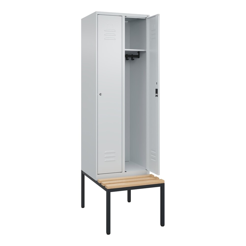 Produktabbildung: C+P Spind Classic PLUS, 2 Abteile, HxBxT 2.120 x 600 x 815 mm, Zylinderschloss, untergebaute Bank aus Buche, lichtgrau, lichtgrau
