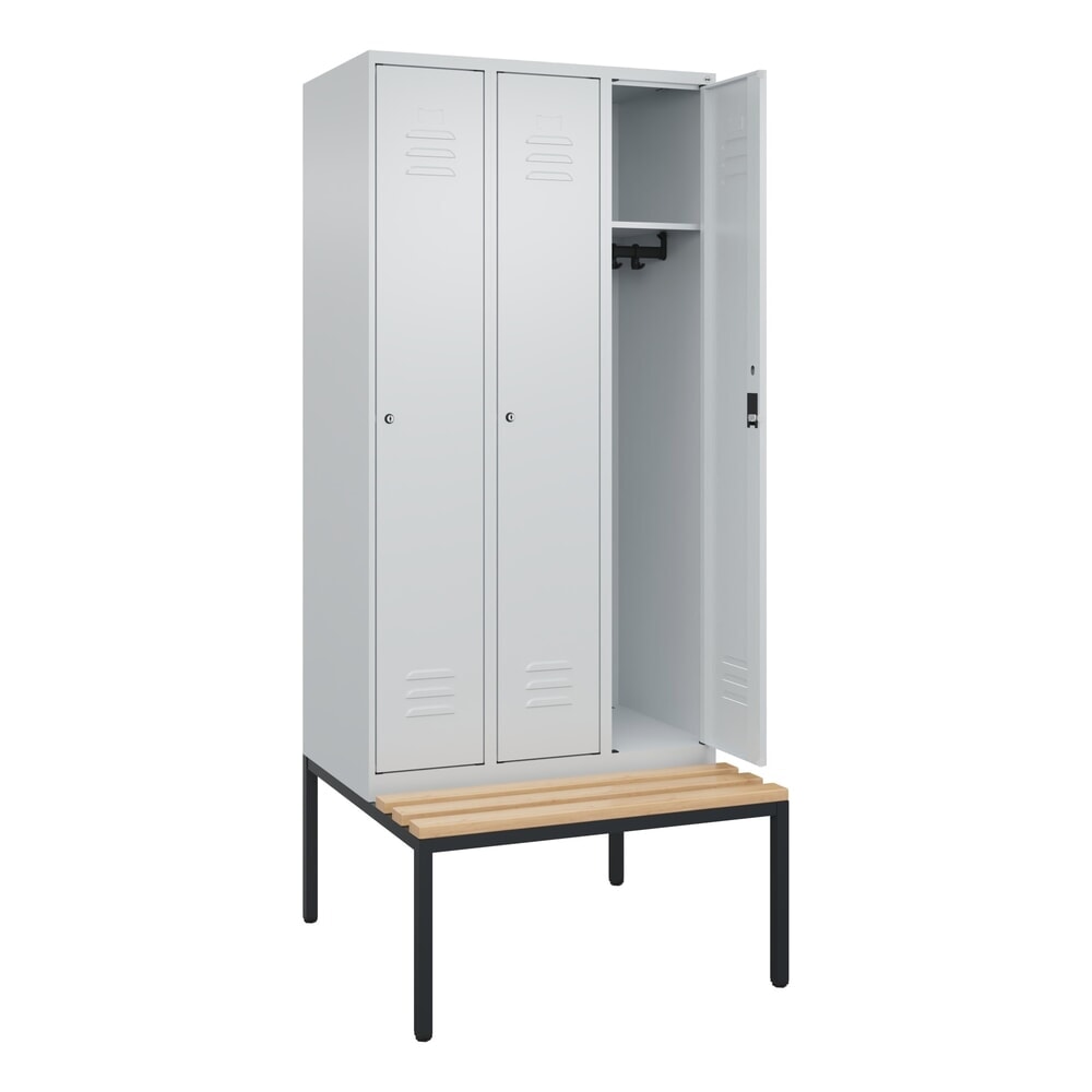 Produktabbildung: C+P Spind Classic PLUS, 3 Abteile, HxBxT 2.120 x 900 x 815 mm, Zylinderschloss, untergebaute Bank aus Buche, lichtgrau, lichtgrau