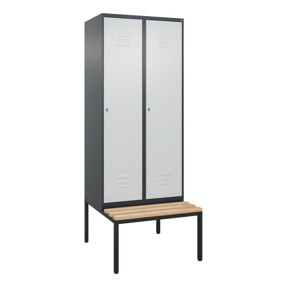 Produktabbildung: C+P Spind Classic PLUS, 2 Abteile, Trennwand, HxBxT 2.120 x 800 x 815 mm, Zylinderschloss, Trennwand, untergebaute Bank aus Buche, anthrazitgrau, lichtgrau