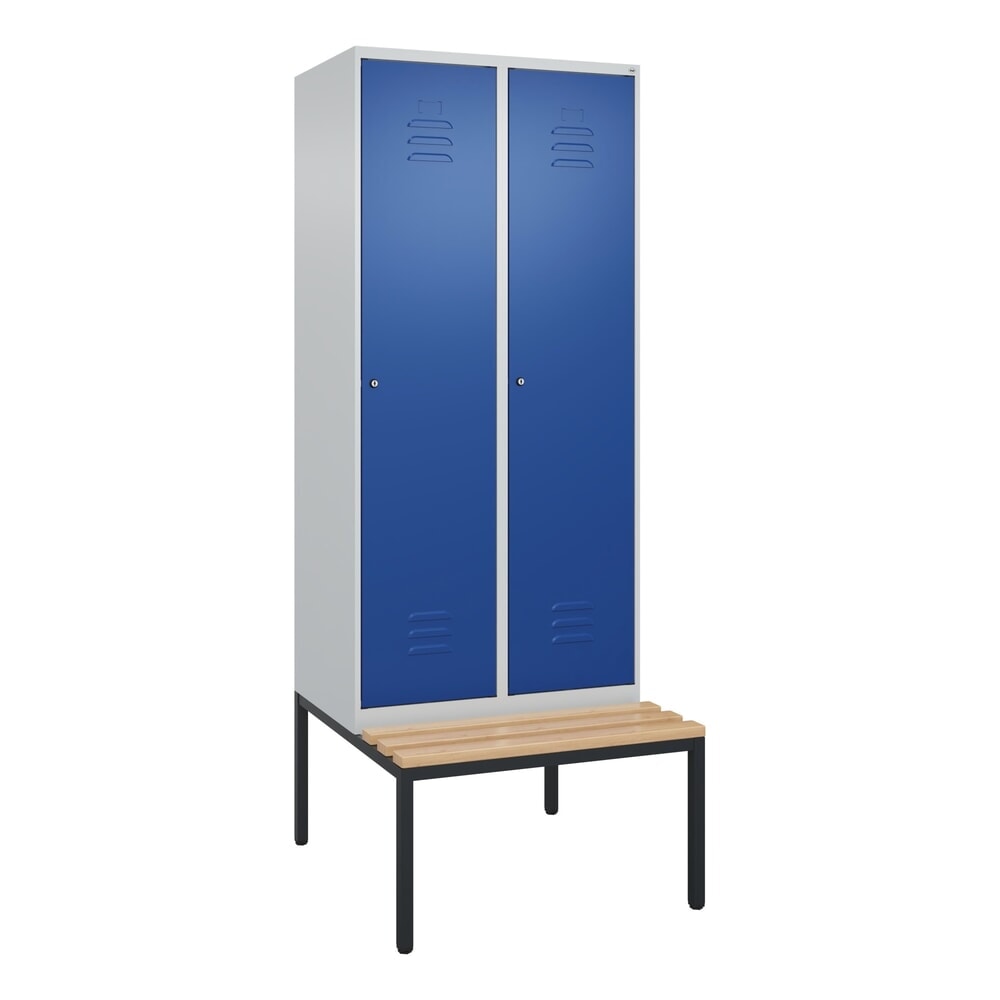 Produktabbildung Nr. 9: C+P Spind Classic PLUS, 2 Abteile, Trennwand, HxBxT 2.120 x 800 x 815 mm, Zylinderschloss, Trennwand, untergebaute Bank aus Buche, lichtgrau, enzianblau