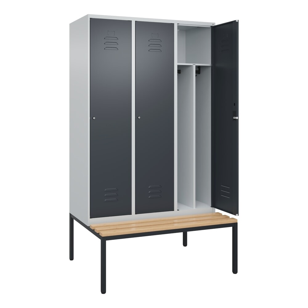 Produktabbildung: C+P Spind Classic PLUS, 3 Abteile, Trennwand, HxBxT 2.120 x 1.200 x 815 mm, Zylinderschloss, Trennwand, untergebaute Bank aus Buche, lichtgrau, anthrazitgrau