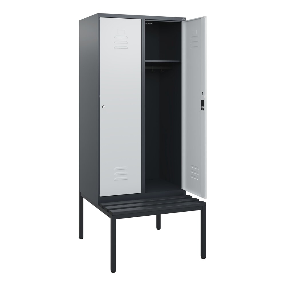 Produktabbildung: C+P Spind Classic PLUS, 2 Abteile, HxBxT 1.950 x 800 x 815 mm, Zylinderschloss, untergebaute Bank aus Kunststoff, anthrazitgrau, lichtgrau