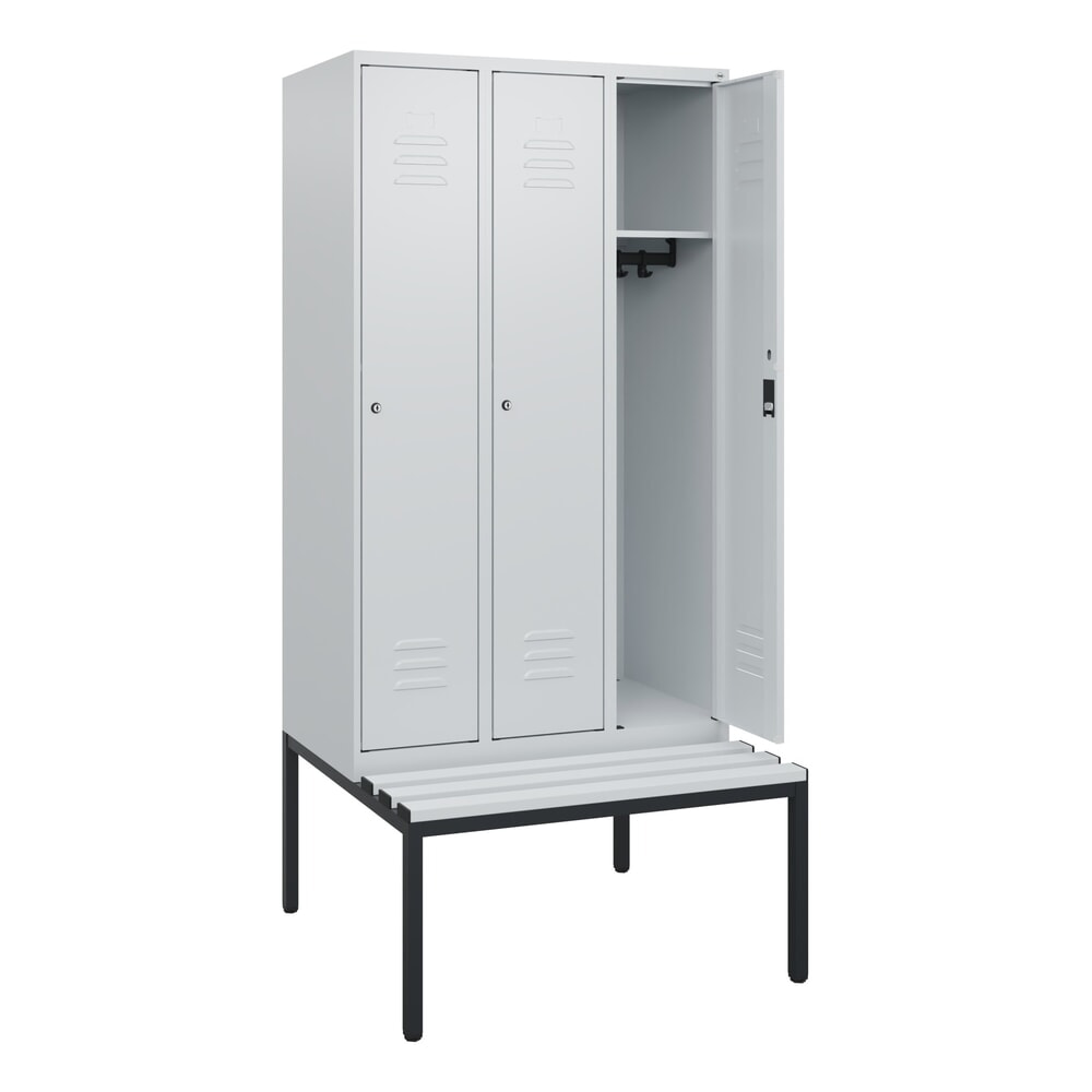 Produktabbildung: C+P Spind Classic PLUS, 3 Abteile, HxBxT 1.950 x 900 x 815 mm, Zylinderschloss, untergebaute Bank aus Kunststoff, lichtgrau, lichtgrau