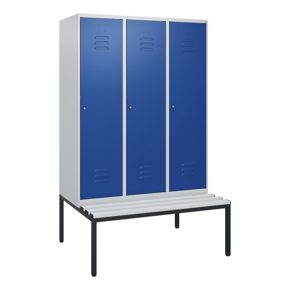 Produktabbildung Nr. 9: C+P Spind Classic PLUS, 3 Abteile, HxBxT 1.950 x 1.200 x 815 mm, Zylinderschloss, untergebaute Bank aus Kunststoff, lichtgrau, enzianblau