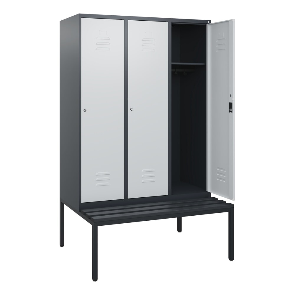 Produktabbildung: C+P Spind Classic PLUS, 3 Abteile, HxBxT 1.950 x 1.200 x 815 mm, Zylinderschloss, untergebaute Bank aus Kunststoff, anthrazitgrau, lichtgrau