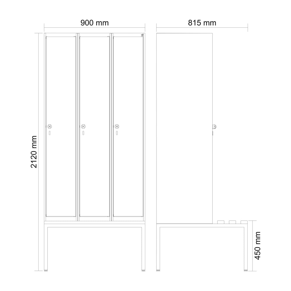 Produktabbildung Nr. 10: C+P Spind Classic PLUS, 3 Abteile, HxBxT 2.120 x 900 x 815 mm, für Vorhängeschloss, untergebaute Bank aus Buche, lichtgrau, rubinrot