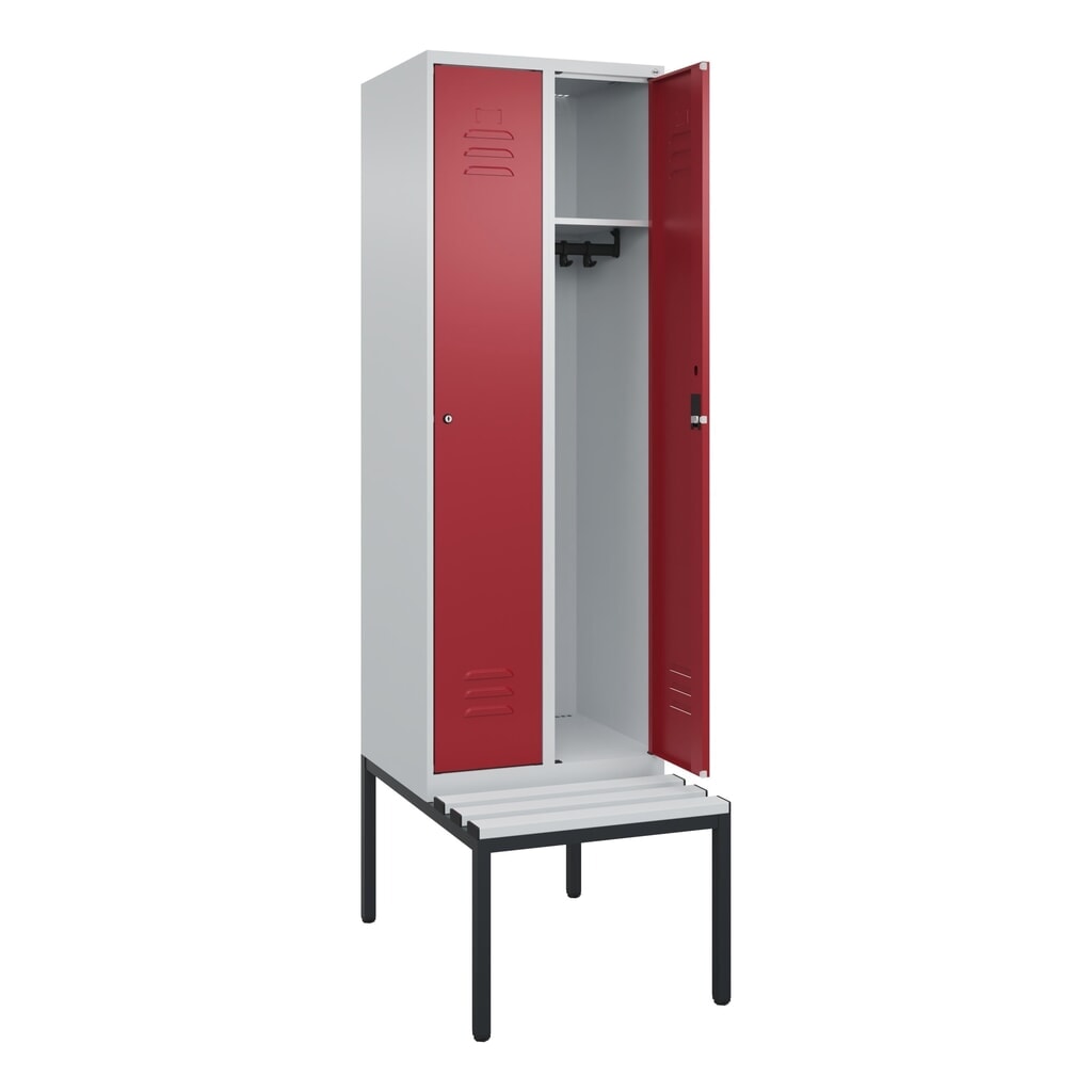 Produktabbildung Nr. 1: C+P Spind Classic PLUS, 2 Abteile, HxBxT 2.120 x 600 x 815 mm, Zylinderschloss, untergebaute Bank aus Kunststoff, lichtgrau, rubinrot